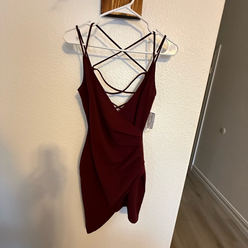 Windsor Strappy Wrap-Style Wine Mini Dress